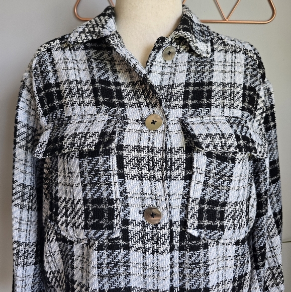 ZARA New Black White Tweed Fringe Trim Oversized Button Front Shacket Size XS - Picture 5 of 14
